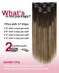 Moresoo clip-in extensions Ombre dark brown to golden brown for natural gradient.