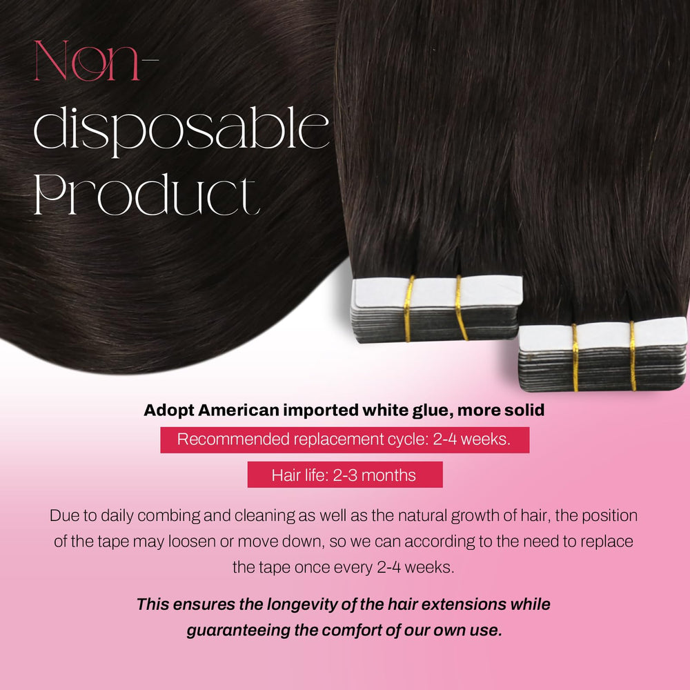 Moresoo dark brown tape-in extensions application image highlights easy clip-in, invisible tape.