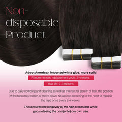 Moresoo dark brown tape-in extensions application image highlights easy clip-in, invisible tape.