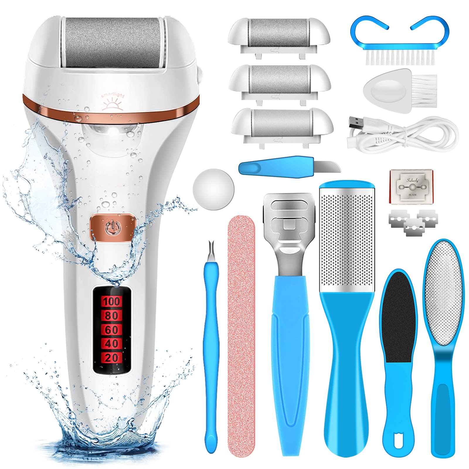 MOREVAC electric foot file with LCD display showing battery life for convenient charging.