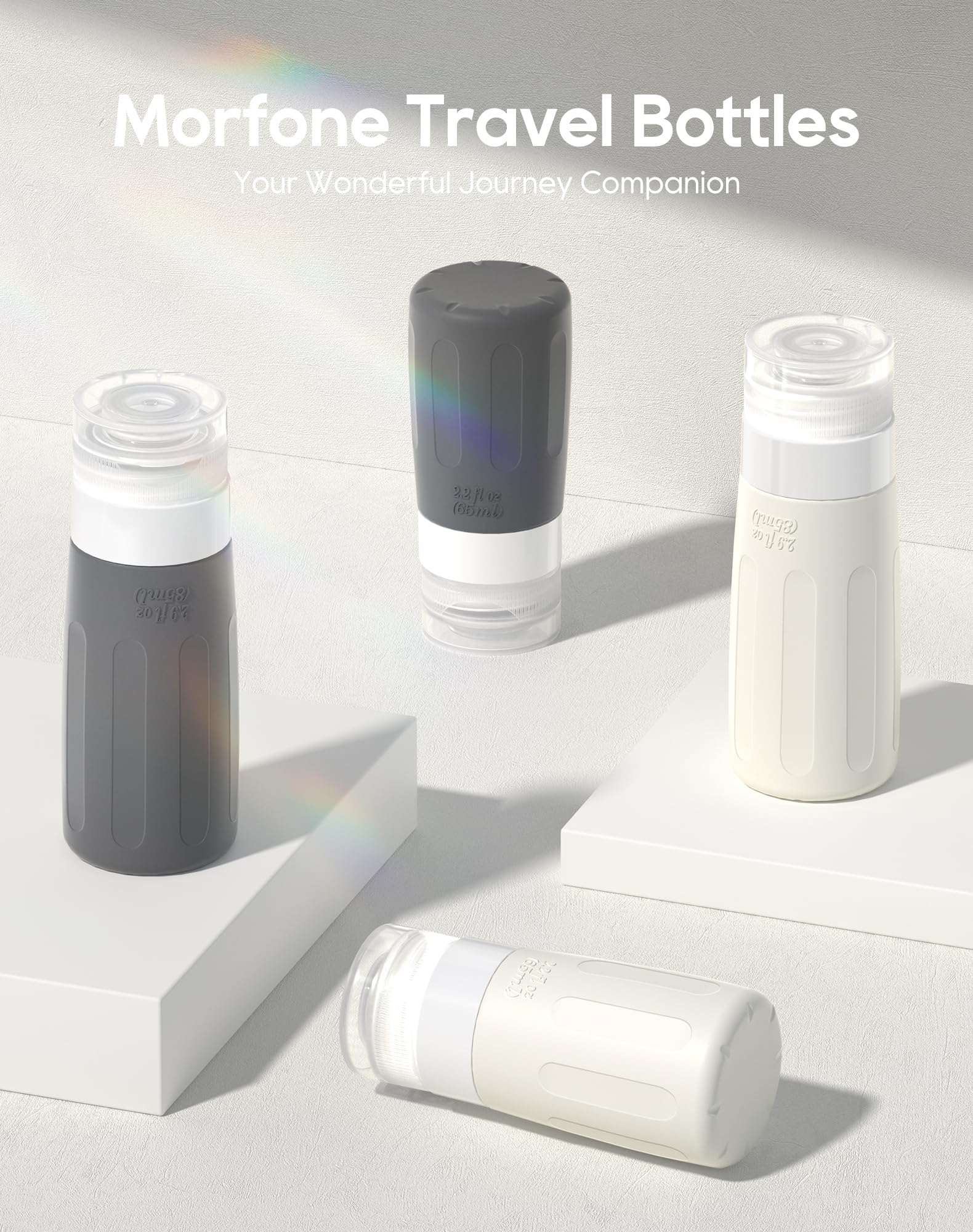 Morfone leakproof travel containers with three-layer cap design prevent leaks during transit.