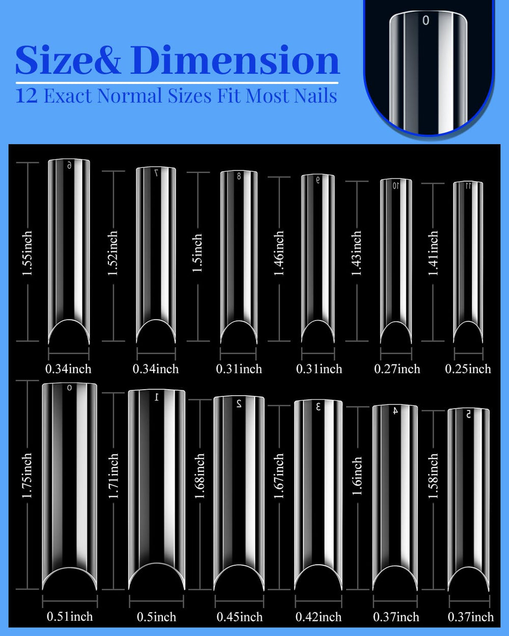 MORGLES 12-size range diagram shows precise fit for personalized acrylic nails.
