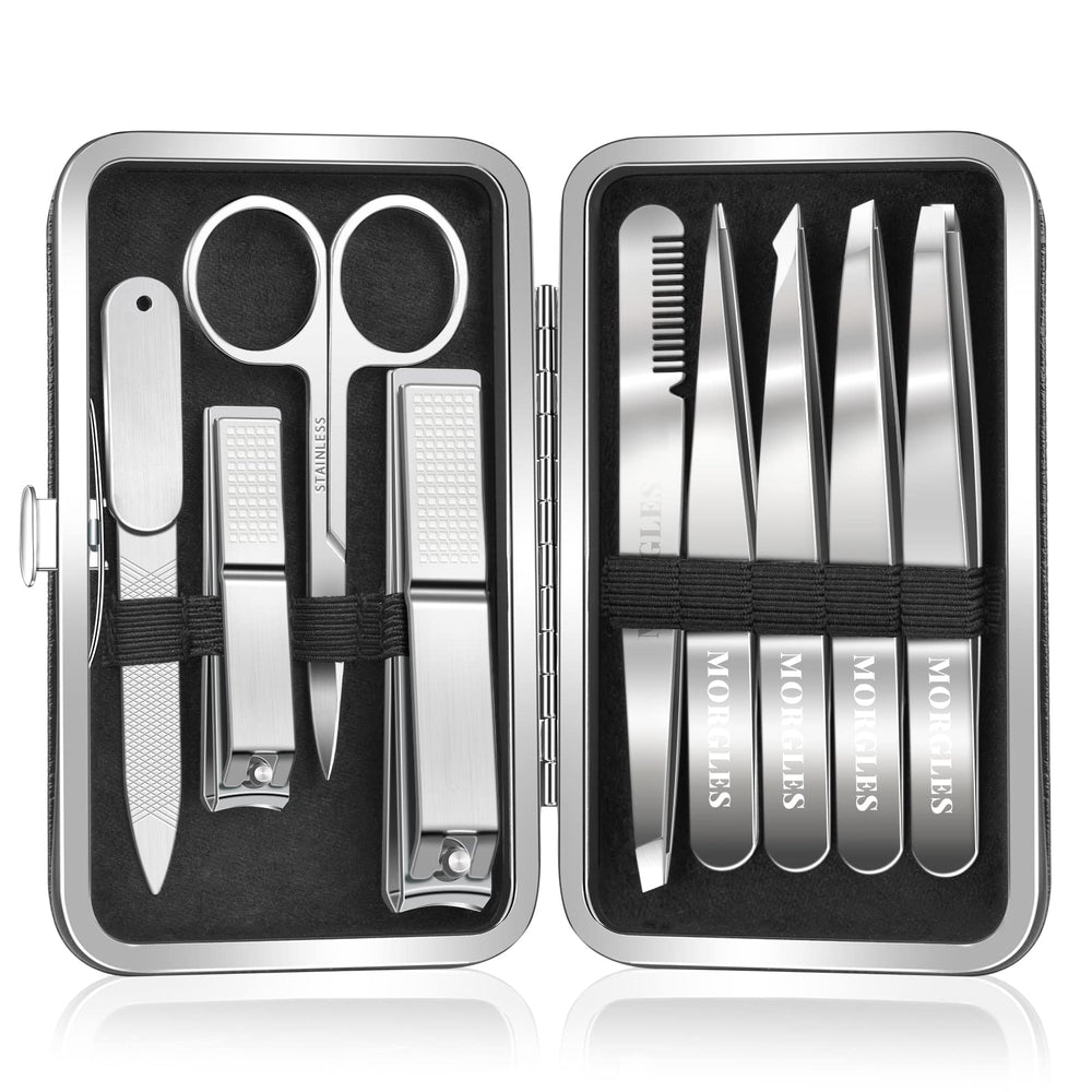 MORGLES 9-piece set open in leather case for easy travel grooming.
