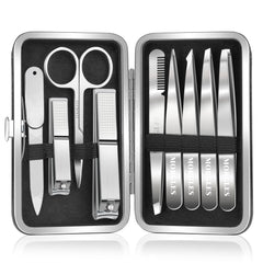 MORGLES 9-piece set open in leather case for easy travel grooming.
