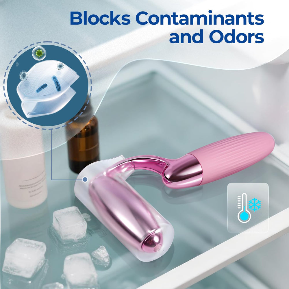 MORGLES Ice Roller stored in fridge for soothing post-workout or morning de-puff routines.