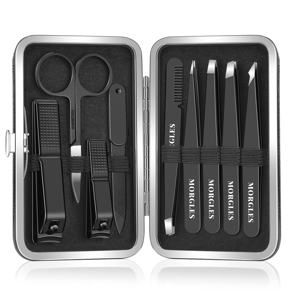MORGLES tweezers set inside leather travel case, organized grooming on the go.