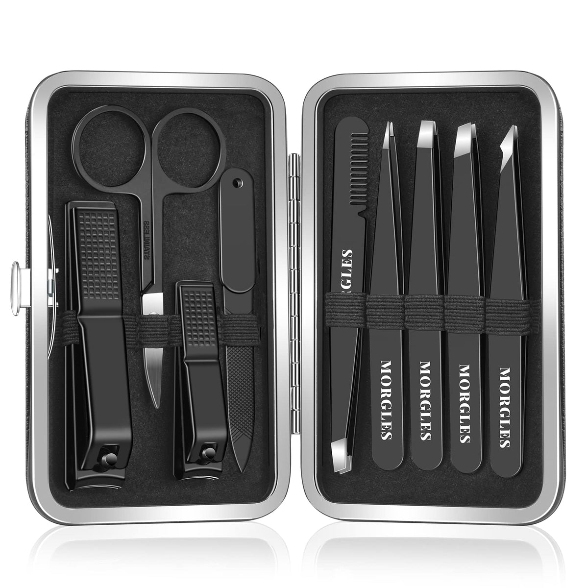MORGLES tweezers set inside leather travel case, organized grooming on the go.