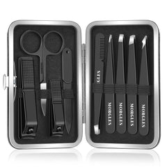 MORGLES tweezers set inside leather travel case, organized grooming on the go.