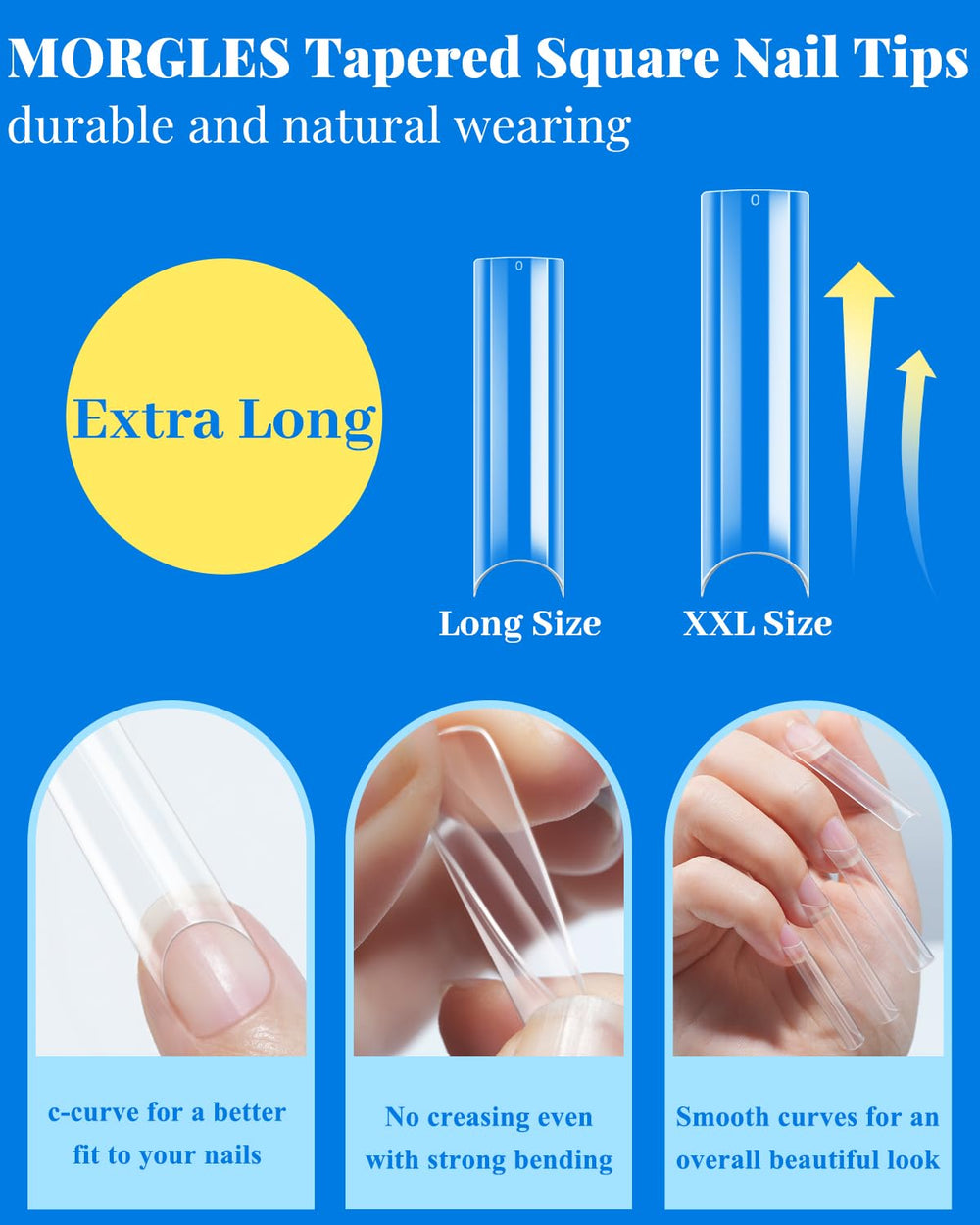 MORGLES XXL extra-long nails on hand illustrate dramatic length for statement nails.