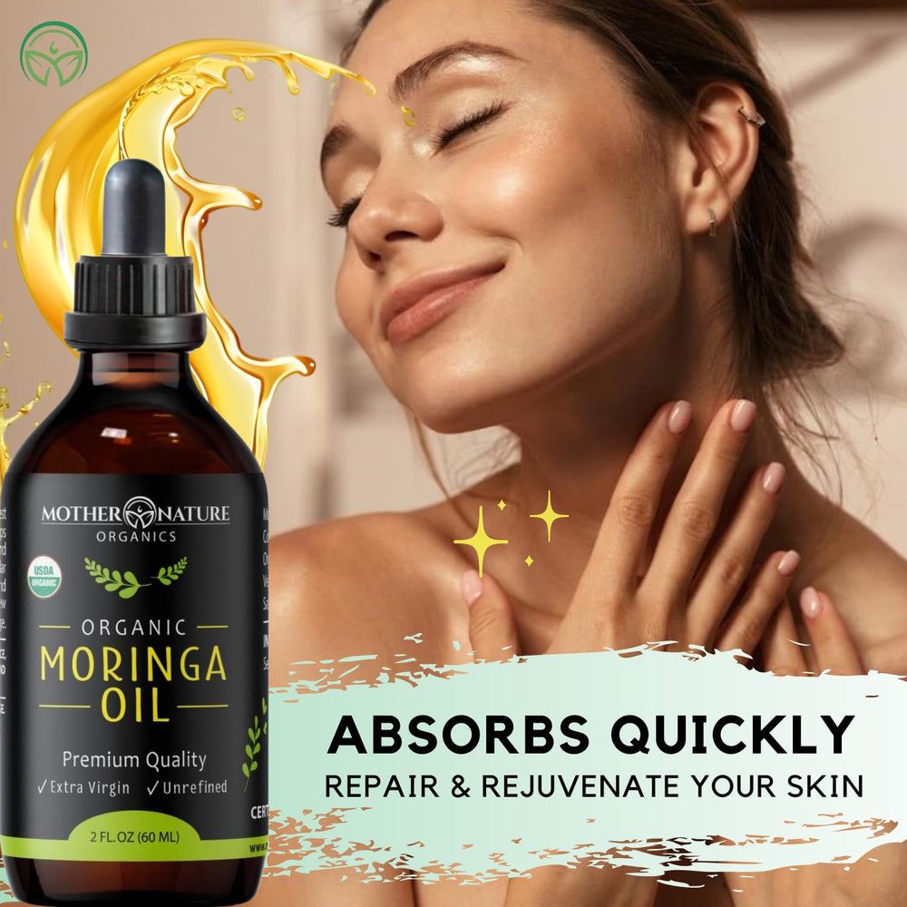 Moringa Oil closeup with amber bottle highlighting purity