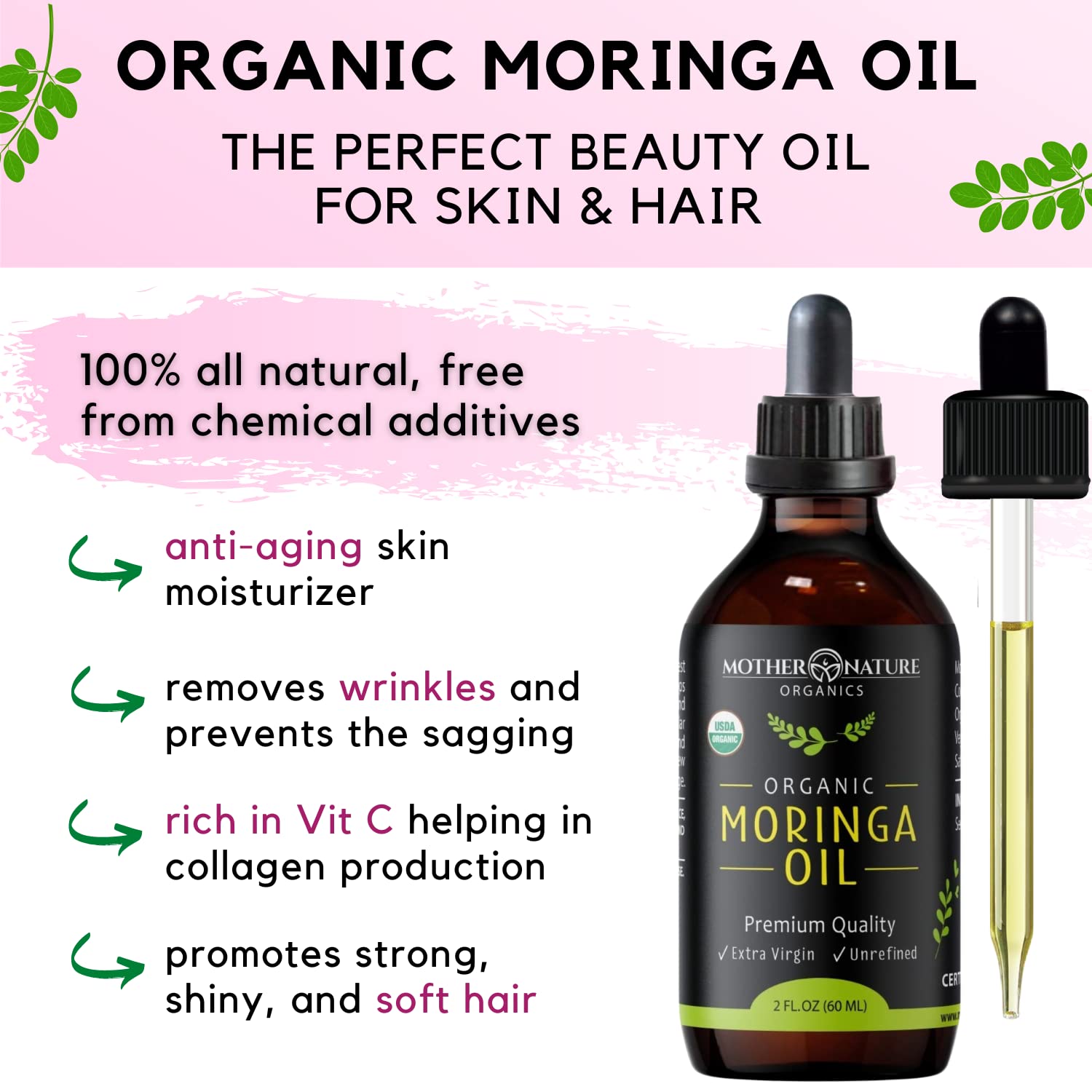 Moringa Oil food-grade bottle indicating versatile DIY use
