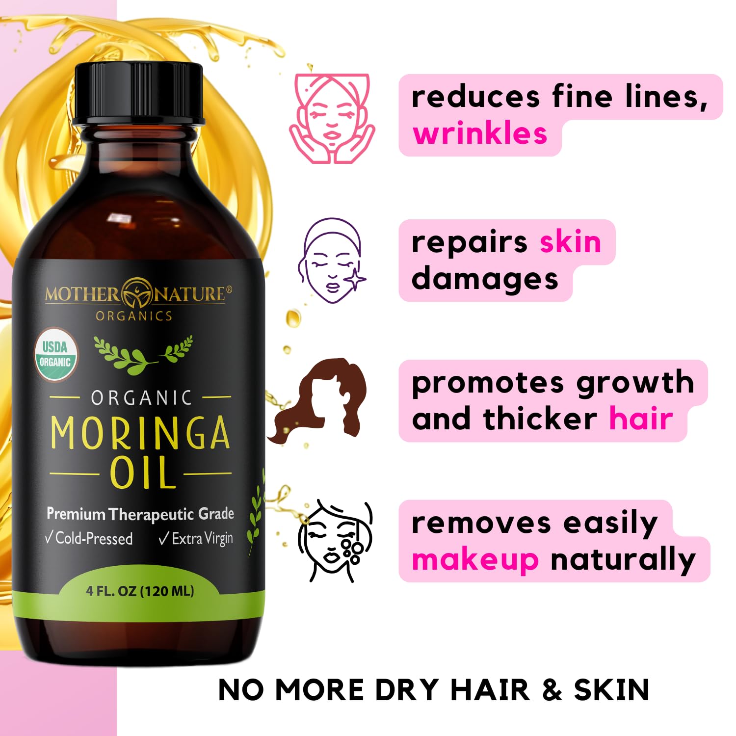 Moringa Seed Oil image highlighting versatile use on face, body, and hair.
