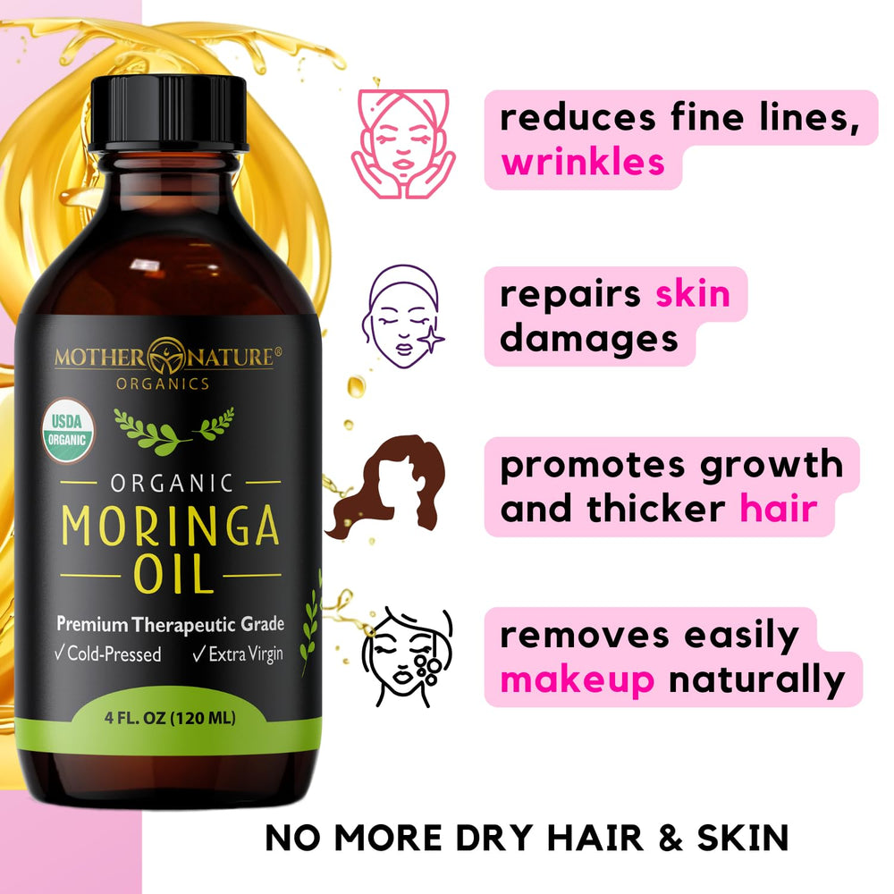 Moringa Seed Oil image highlighting versatile use on face, body, and hair.