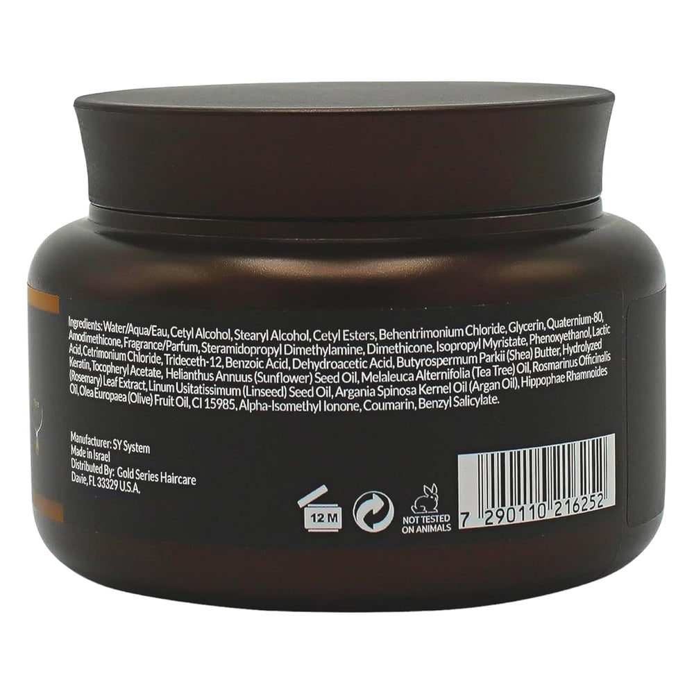 Moroccan Gold Series gold-series-treatment-mask-jar-label highlights sulfate-free formula and premium ingredients.