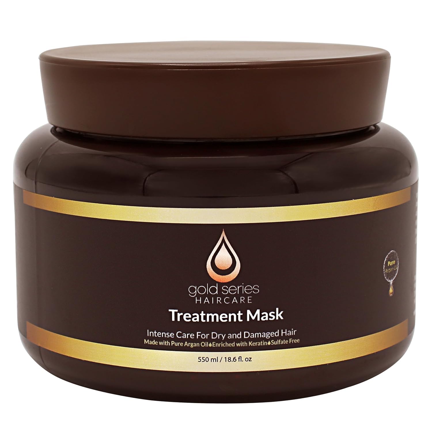 Moroccan Gold Series Gold Series Treatment Mask jar demonstrates deep hydration for dry, damaged hair.