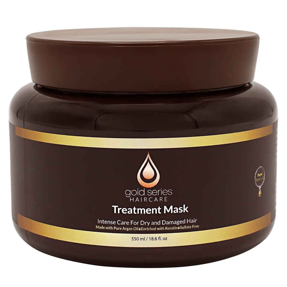 Moroccan Gold Series Gold Series Treatment Mask jar demonstrates deep hydration for dry, damaged hair.