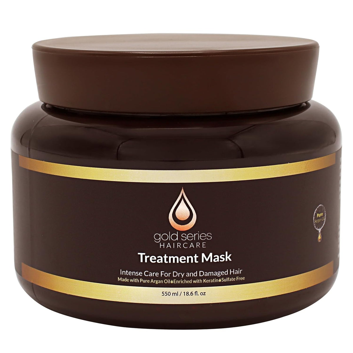 Moroccan Gold Series Gold Series Treatment Mask jar demonstrates deep hydration for dry, damaged hair.