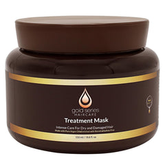 Moroccan Gold Series Gold Series Treatment Mask jar demonstrates deep hydration for dry, damaged hair.