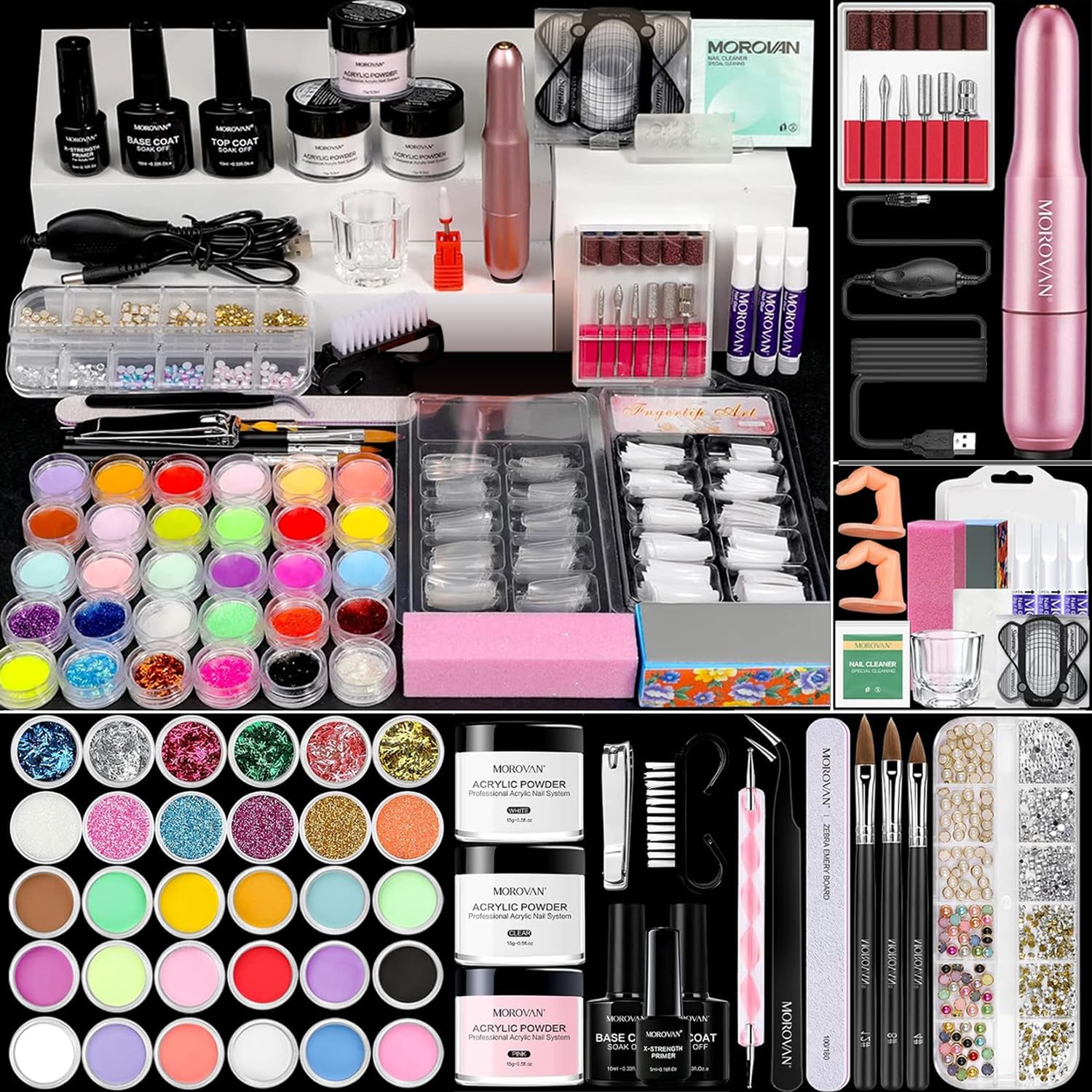 Morovan Acrylic Nail Kit beginner set closeup shows complete starter tools for at-home manicures.