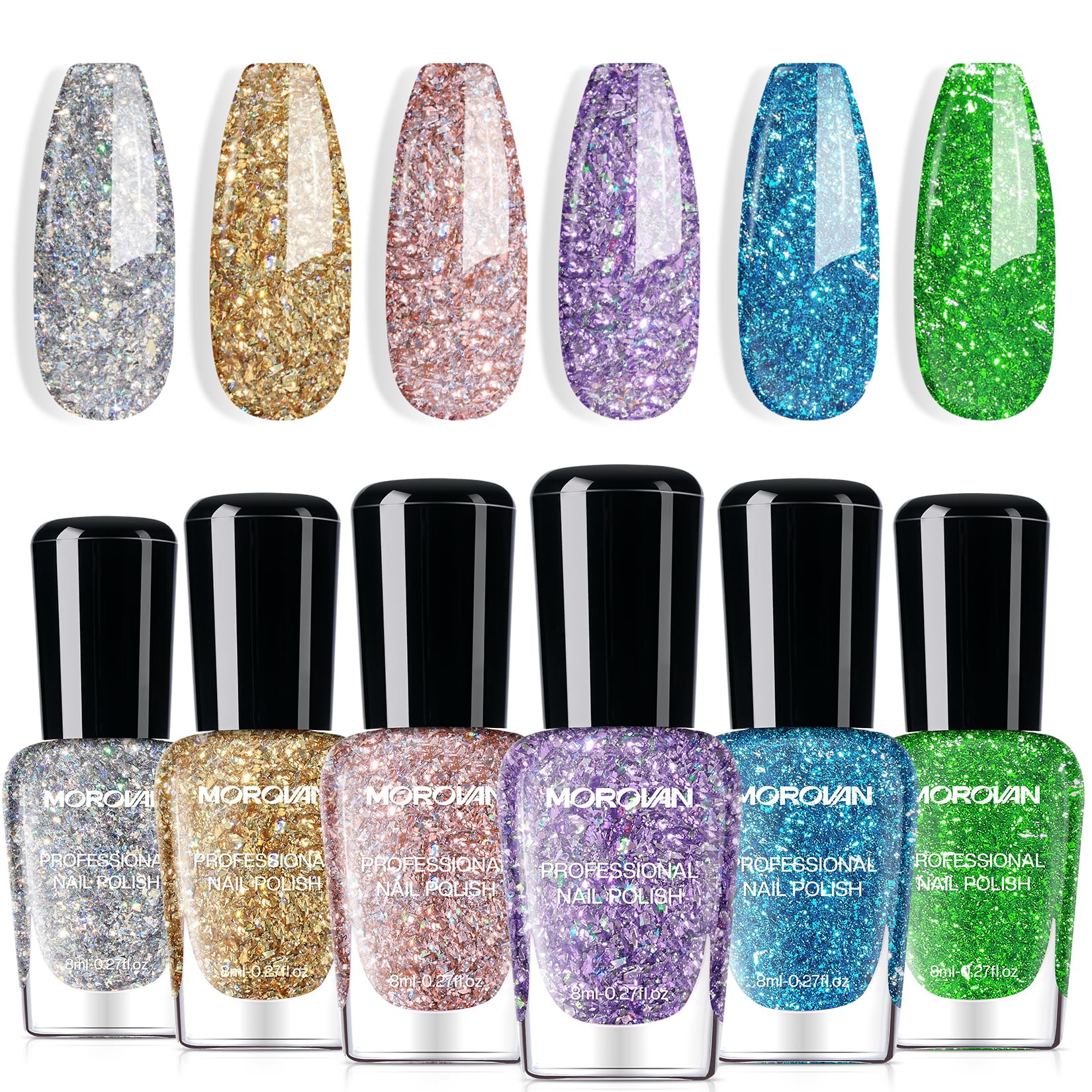 Morovan Glitter Nail Polish Set bottle closeup shows shimmering confetti for chic nails.
