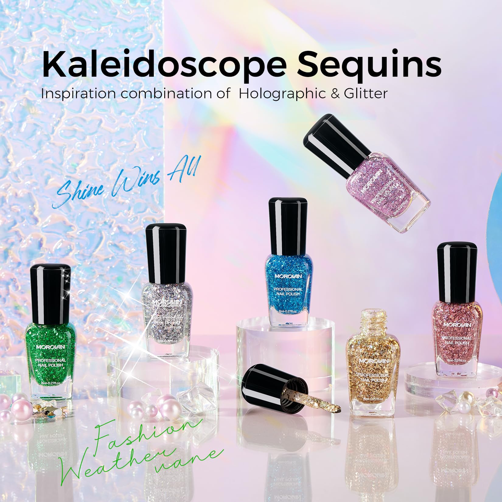 Morovan Glitter Nail Polish Set color swatches demonstrate six holographic options for versatile looks.