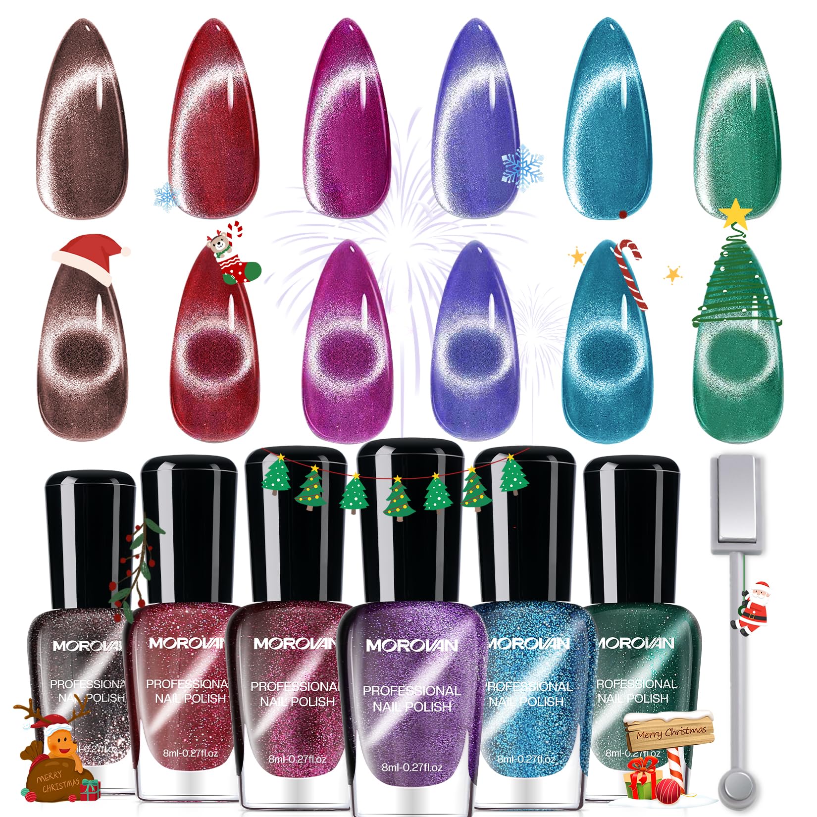 Morovan magnetic nail polish set cat eye design on nails for easy glamour.