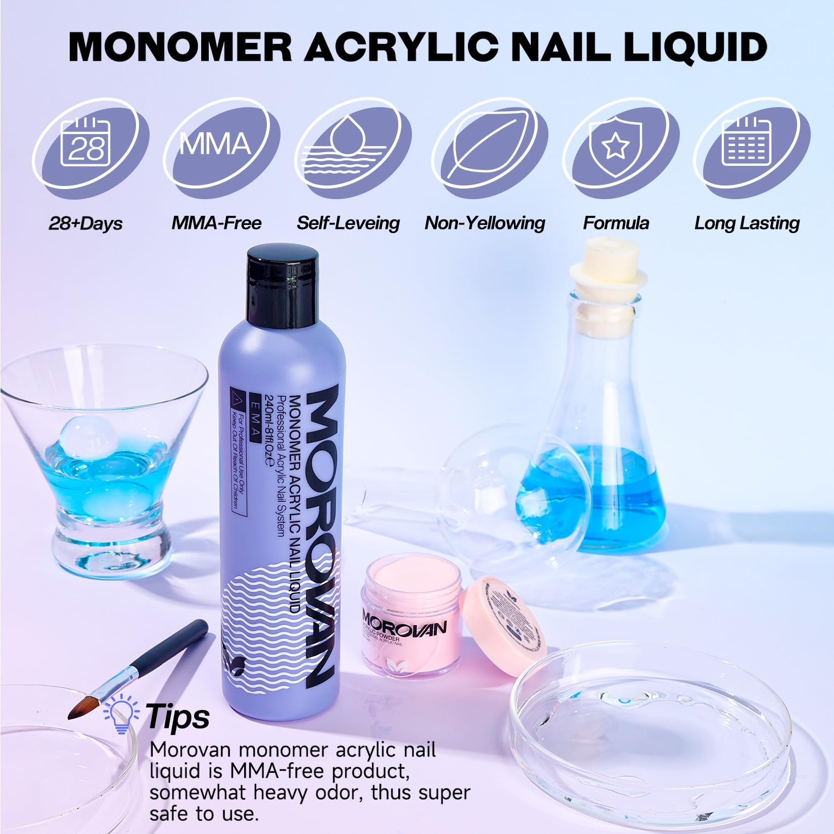 Morovan monomer liquid close-up illustrates self-leveling, bubble-free application for flawless nails.