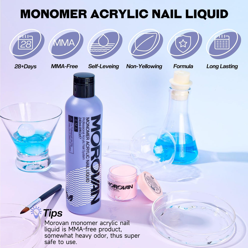 Morovan monomer liquid close-up illustrates self-leveling, bubble-free application for flawless nails.