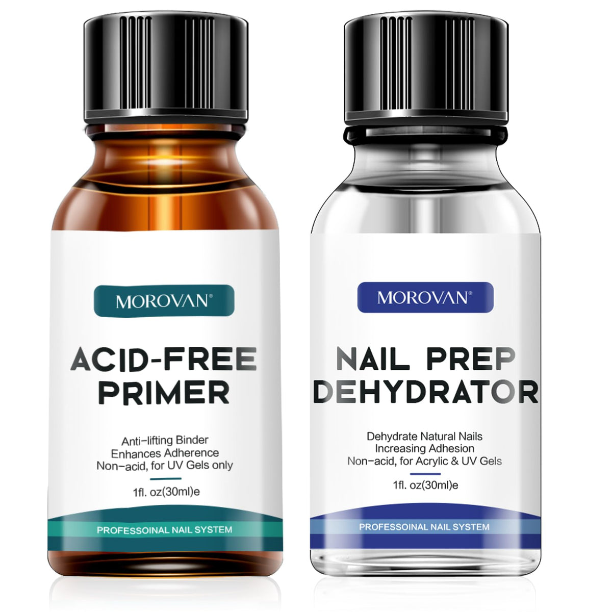 Morovan Nail Dehydrate 30ml bottle for oil removal and adhesion prep.