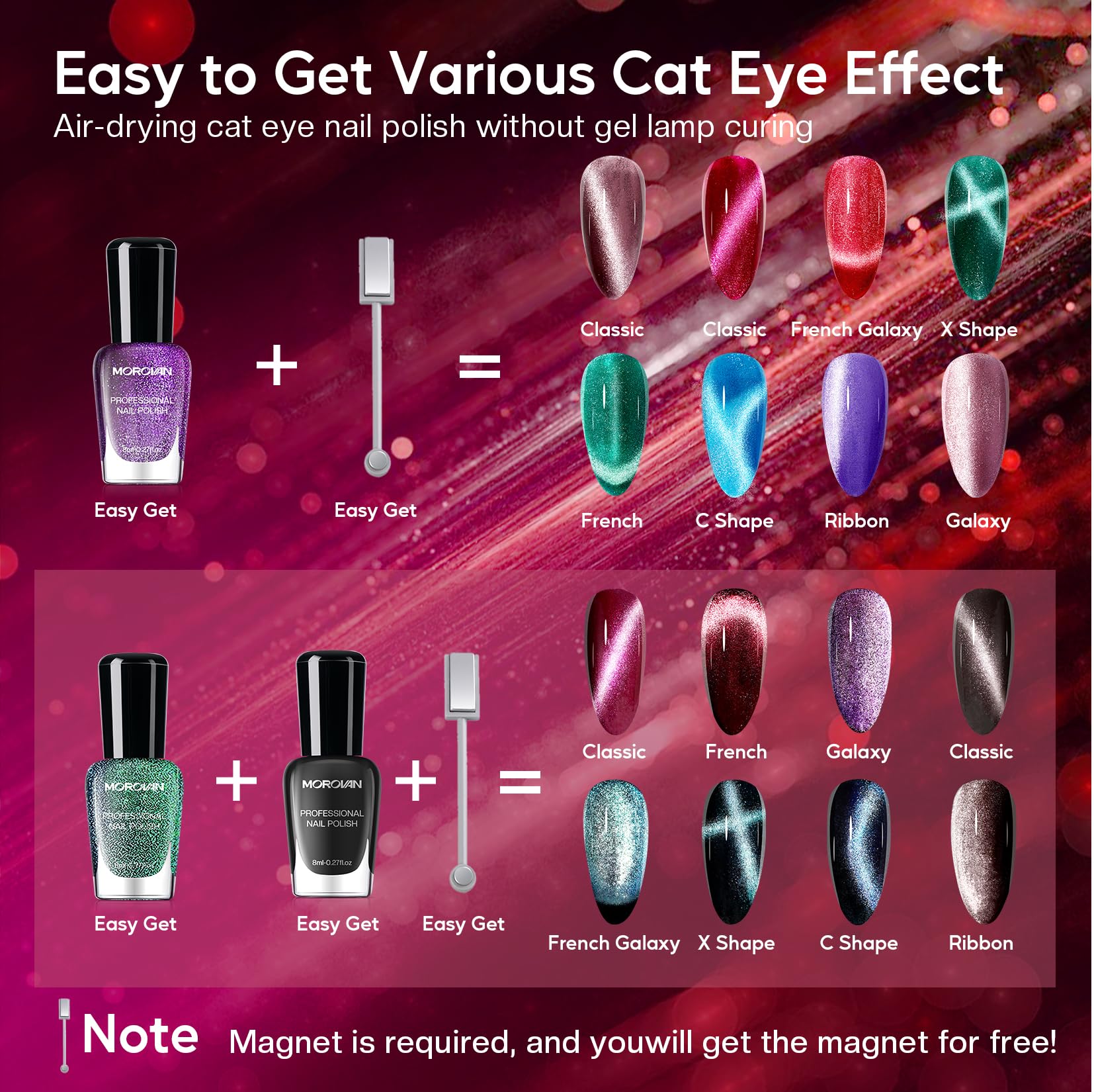 Morovan emerald green cat eye polish adds vibrant shimmer.