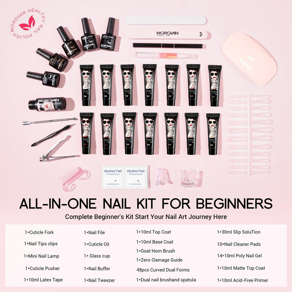 Morovan poly gel kit color palette with 14 shades enables versatile, season-ready manicures.