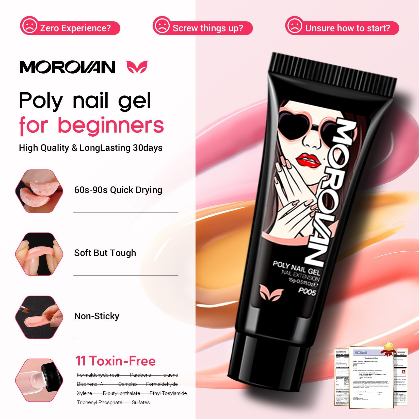 Morovan slip solution aids smooth gel application and quick nail removal for cleaner results.