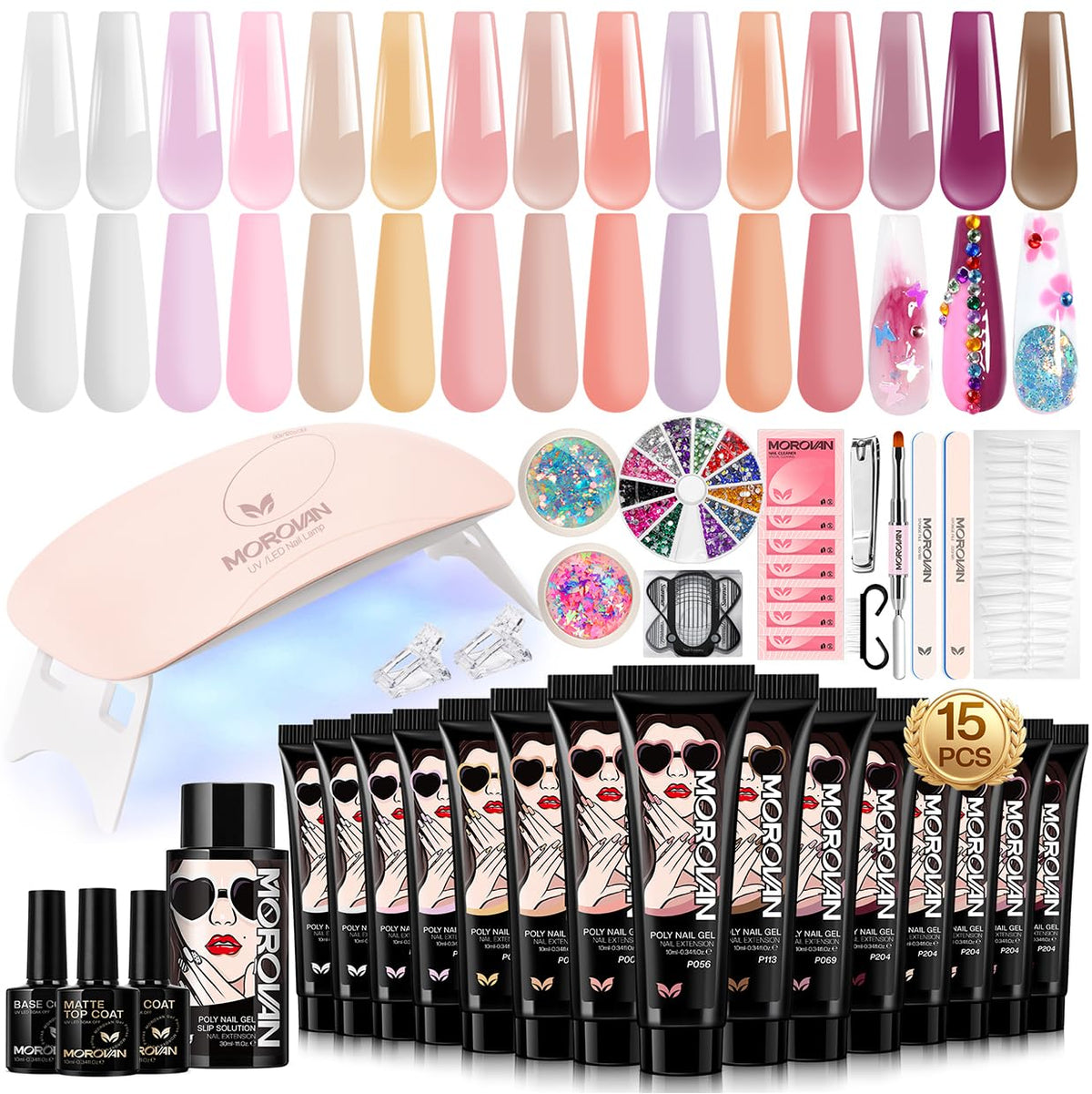 Morovan poly gel nail kit with 15 colors for at-home nail art creativity.
