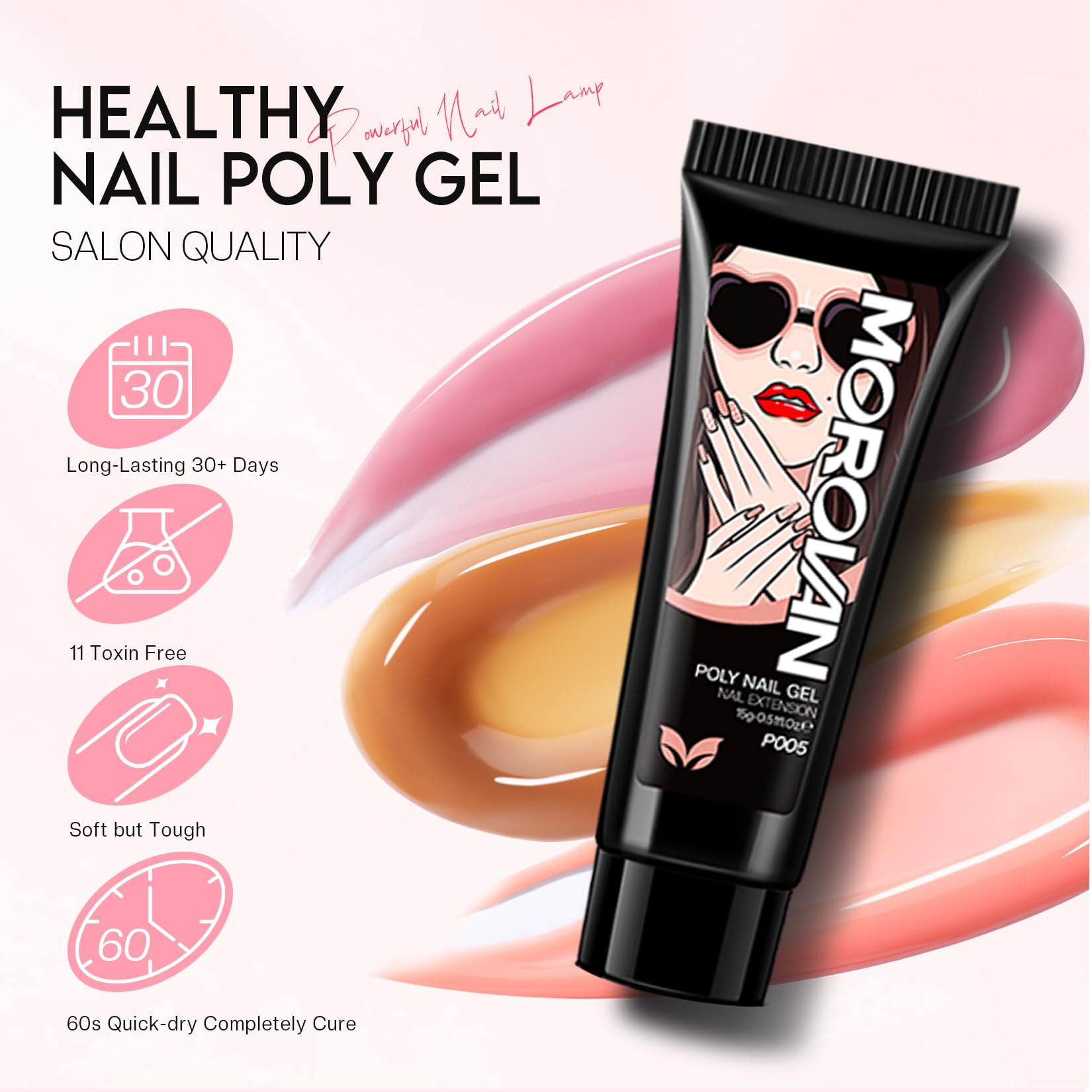 Morovan Poly Gel Nail Kit color palette shows six shades and gradients