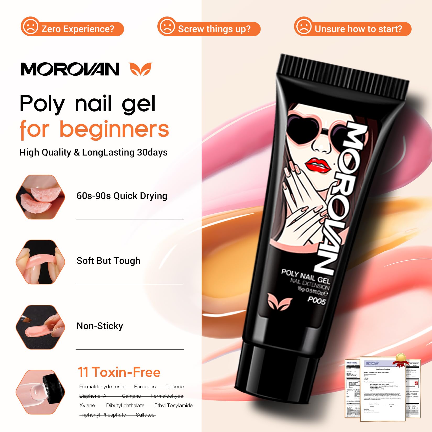 Morovan poly gel nail kit slip solution for smooth application and removal.