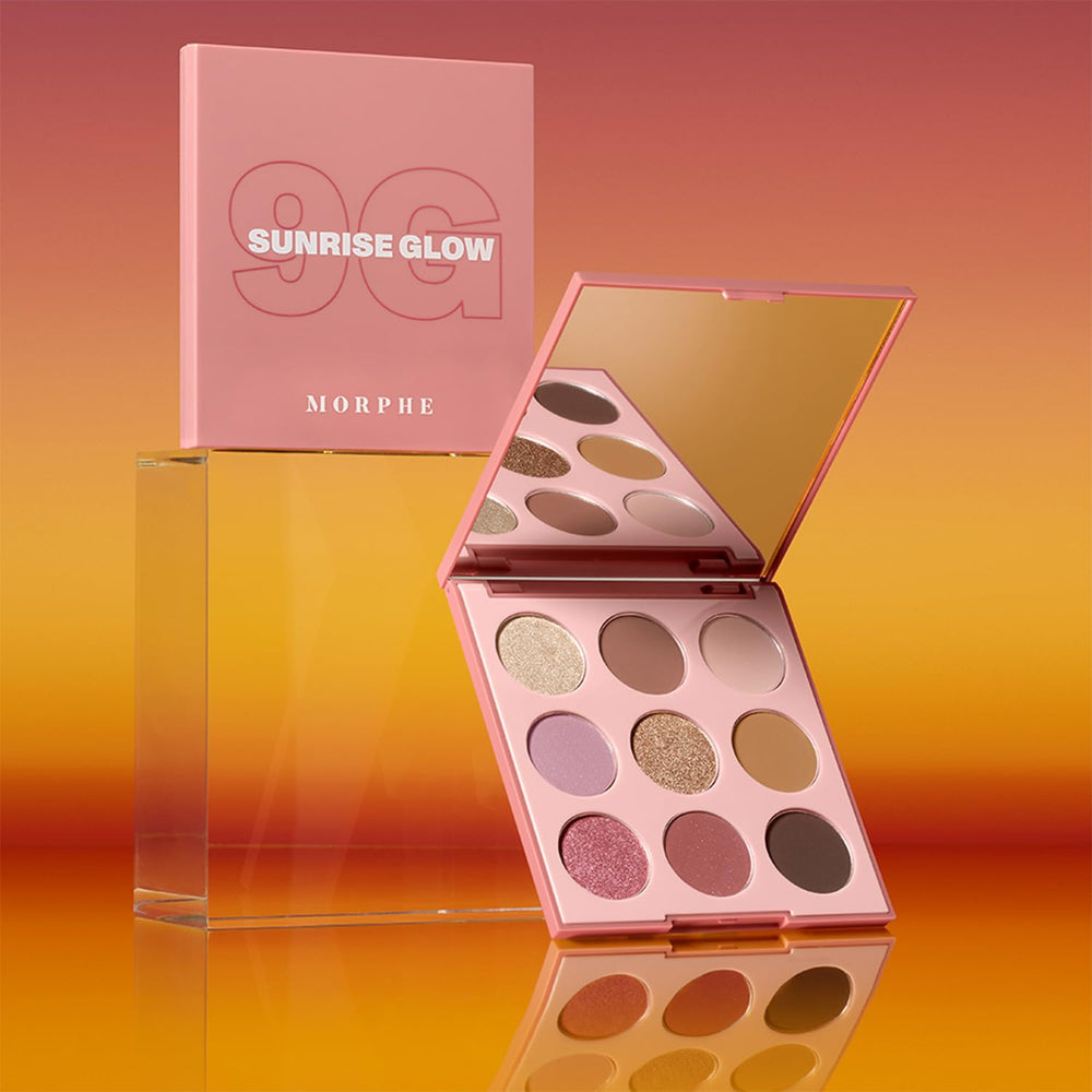 Morphe 9G Sunrise Glow eye look example shows warm rosy neutral finish suitable for many occasions.
