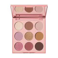 Morphe 9G Sunrise Glow Palette open shows warm rosy neutrals for versatile eye looks.
