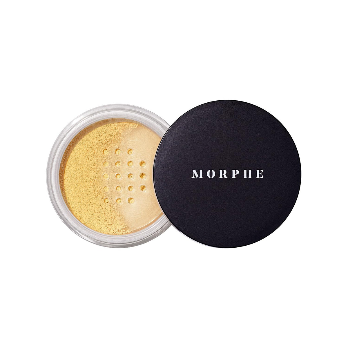 Morphe Bake and Set powder tin closeup showing a soft natural finish and pore smoothing