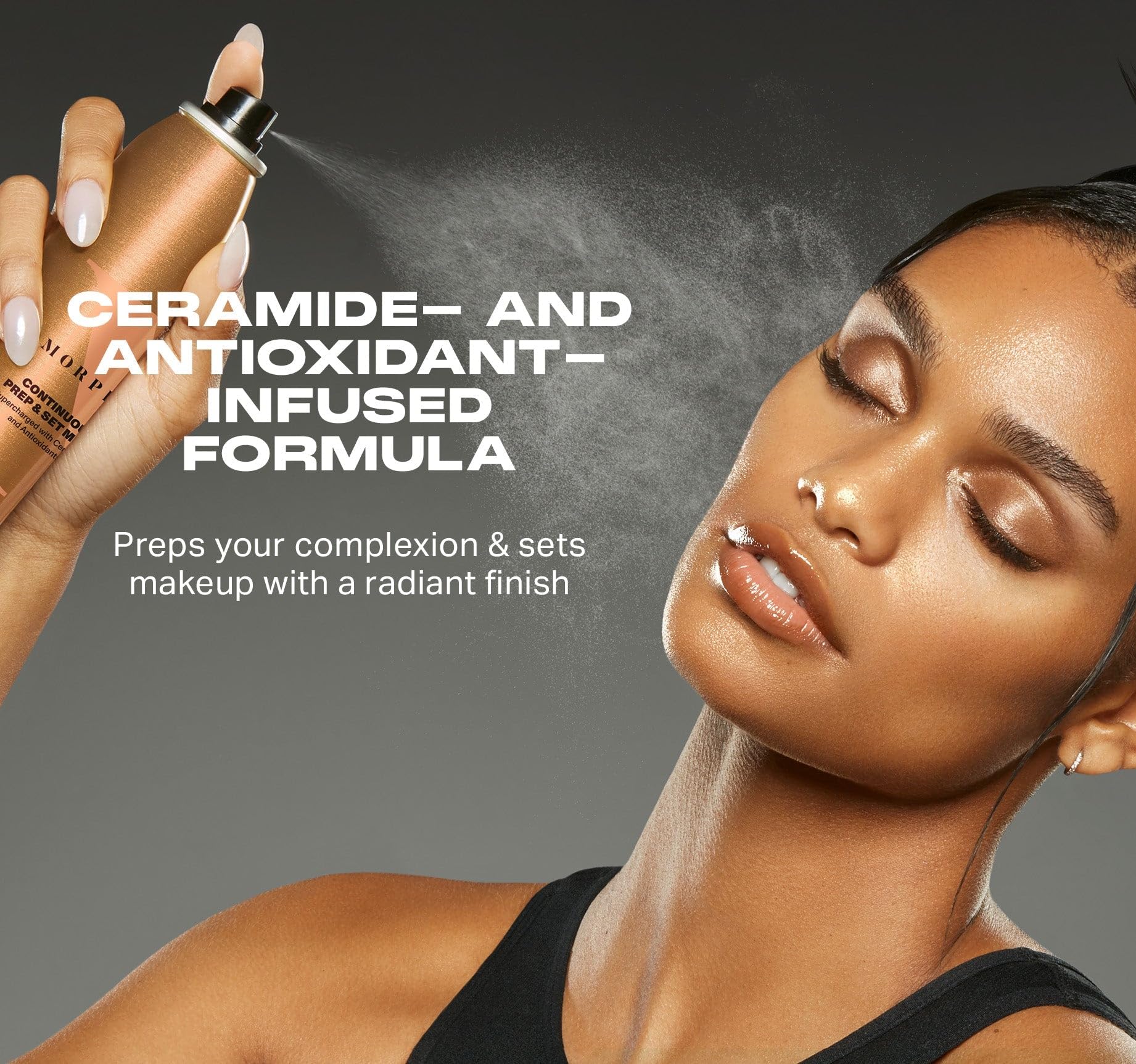 Morphe Continuous Prep & Set Spray application at 8–10 inches for even coverage