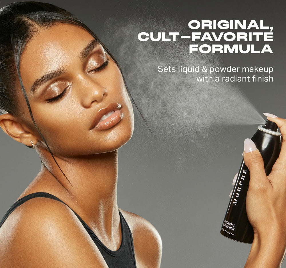 Morphe Continuous Setting Mist ingredients highlight vitamins E and B5 for skin-friendly protection.