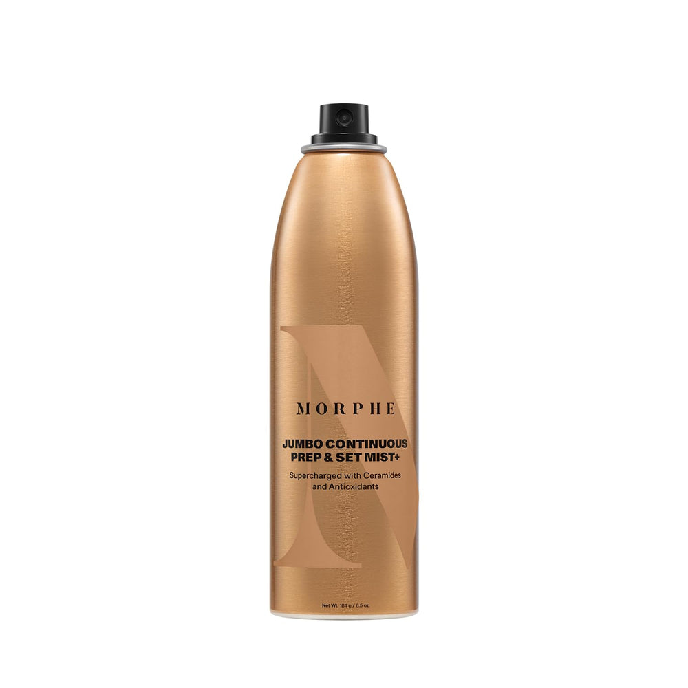 Morphe Jumbo Continuous Prep & Set Face Mist spray-action demonstrates even, controlled delivery.