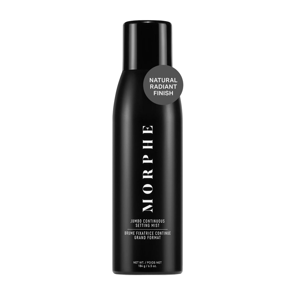 Morphe Jumbo Continuous Setting Spray bottle closeup shows micro-fine mist for long wear.