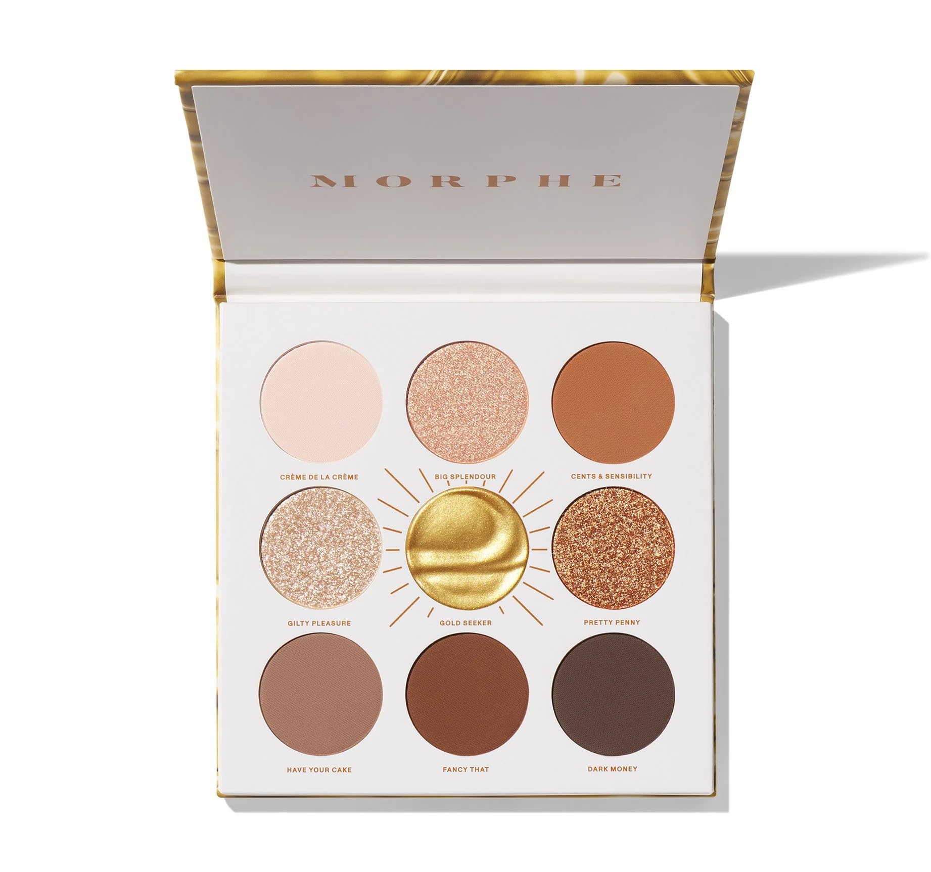 Morphe Rich & Foiled Artistry Palette closeup highlights gold foil payoff for glam looks.