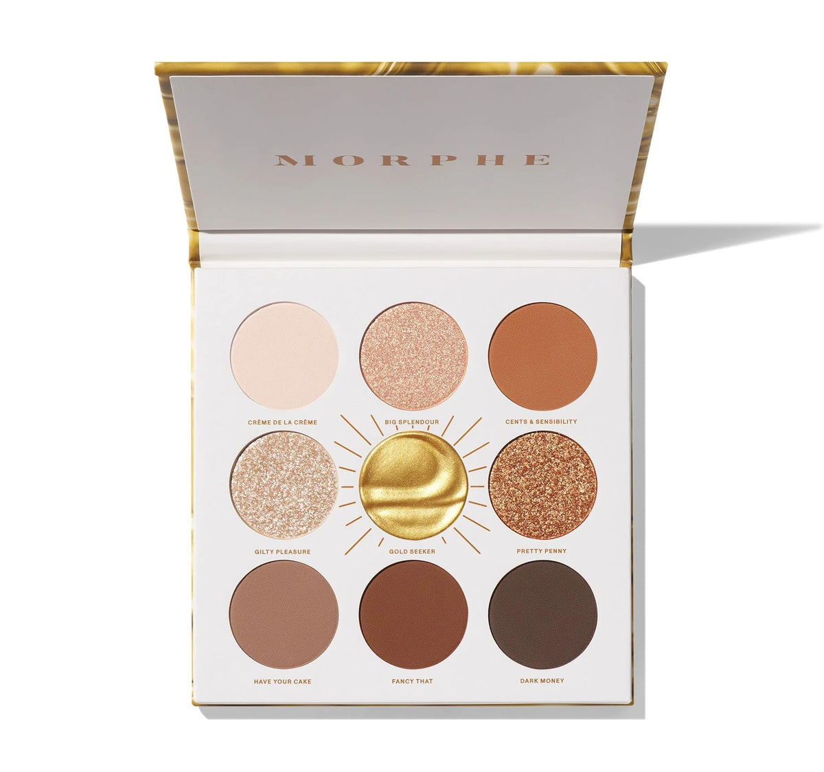 Morphe Rich & Foiled Artistry Palette closeup highlights gold foil payoff for glam looks.