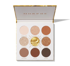 Morphe Rich & Foiled Artistry Palette closeup highlights gold foil payoff for glam looks.