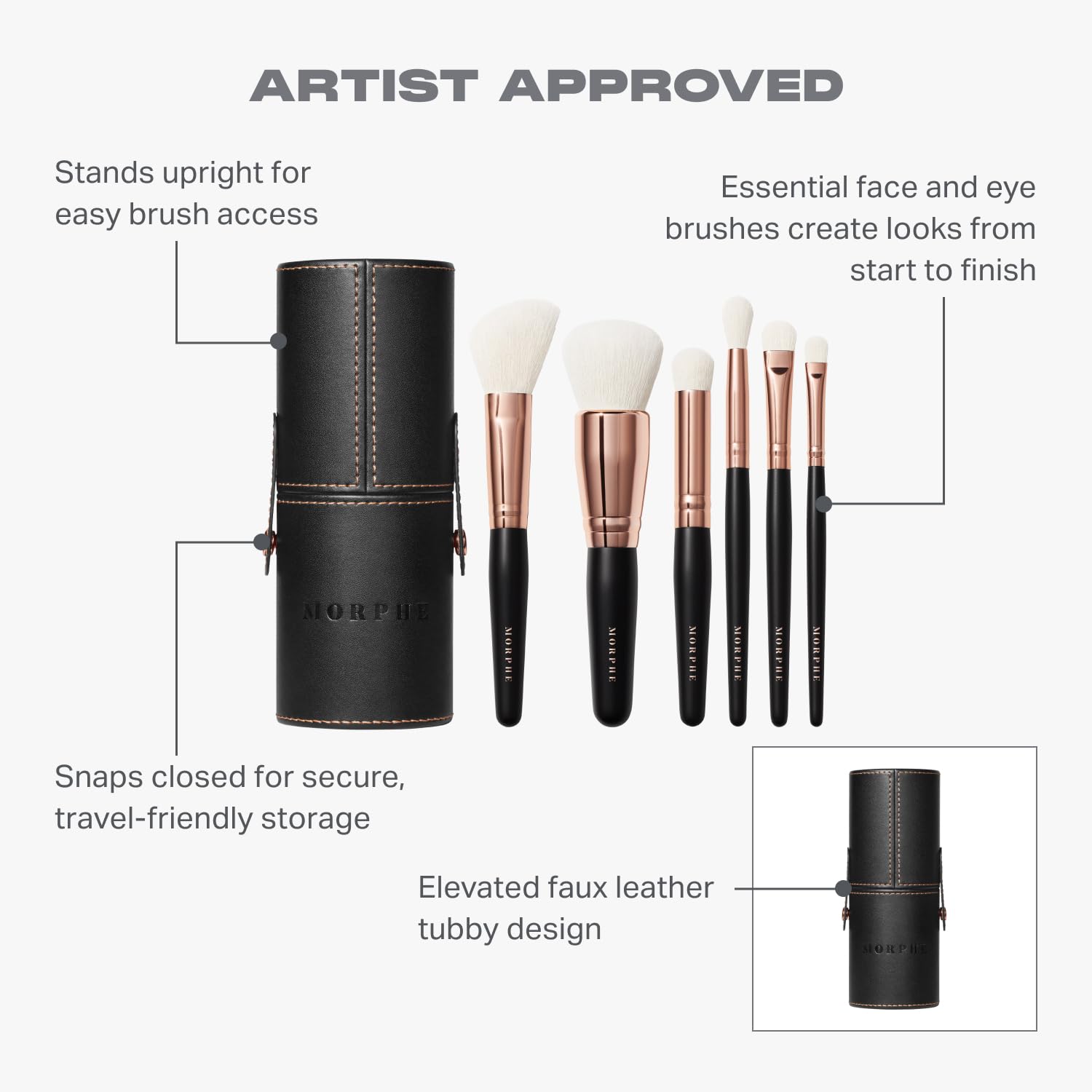 Morphe Rose Away face brushes ready for foundation, contour, and powder.