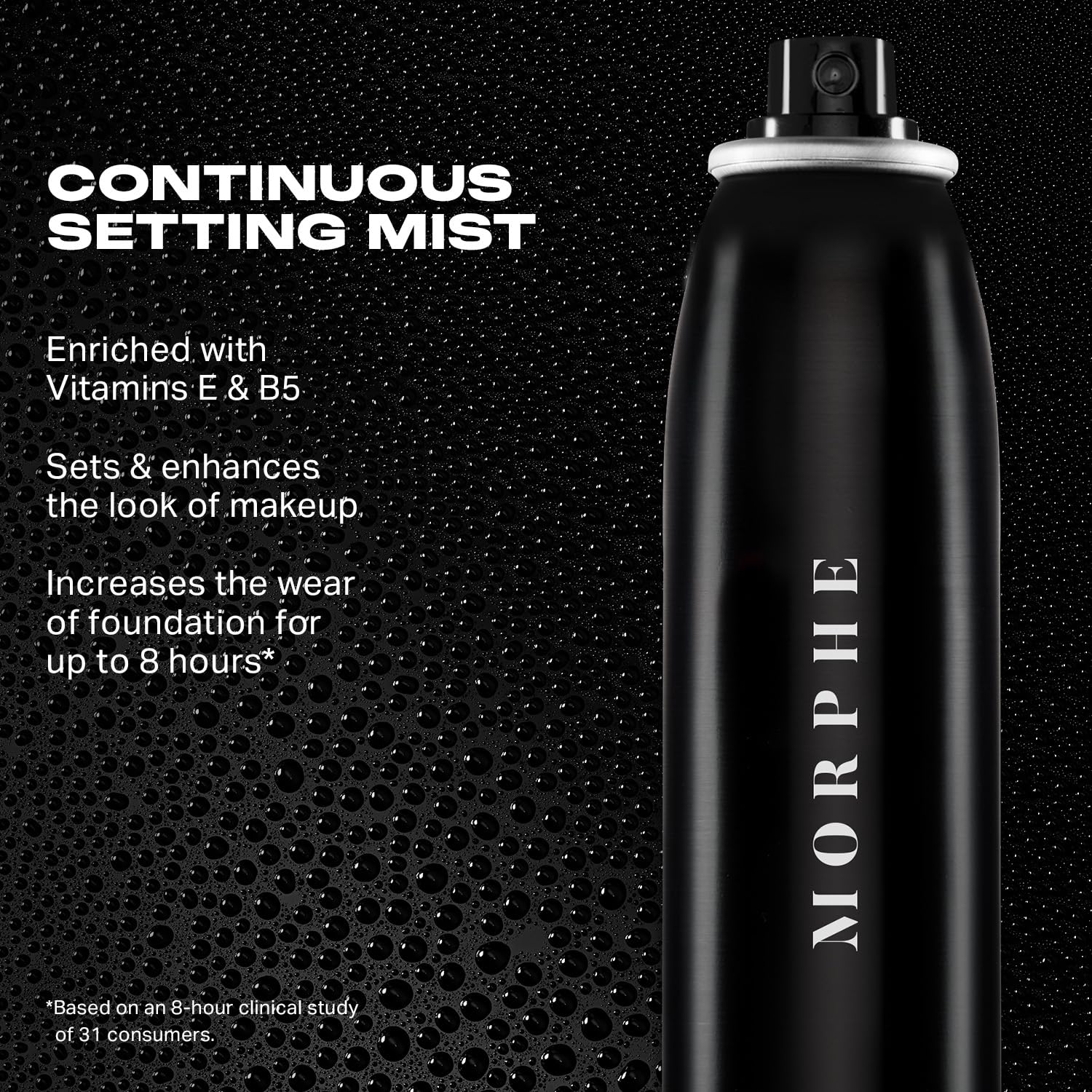 Morphe setting spray on model under lighting shows natural radiant finish.