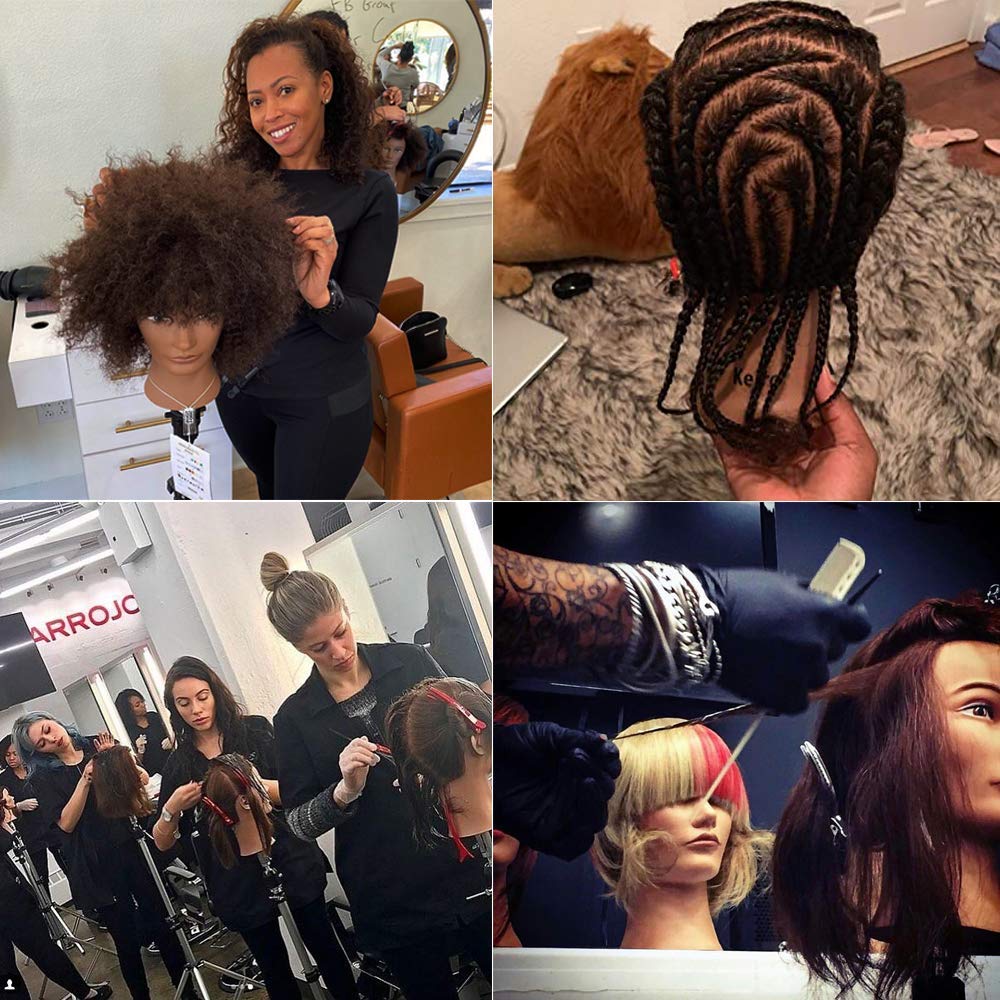 MORRIS 10-inch human hair Afro head in use shows versatile styling options