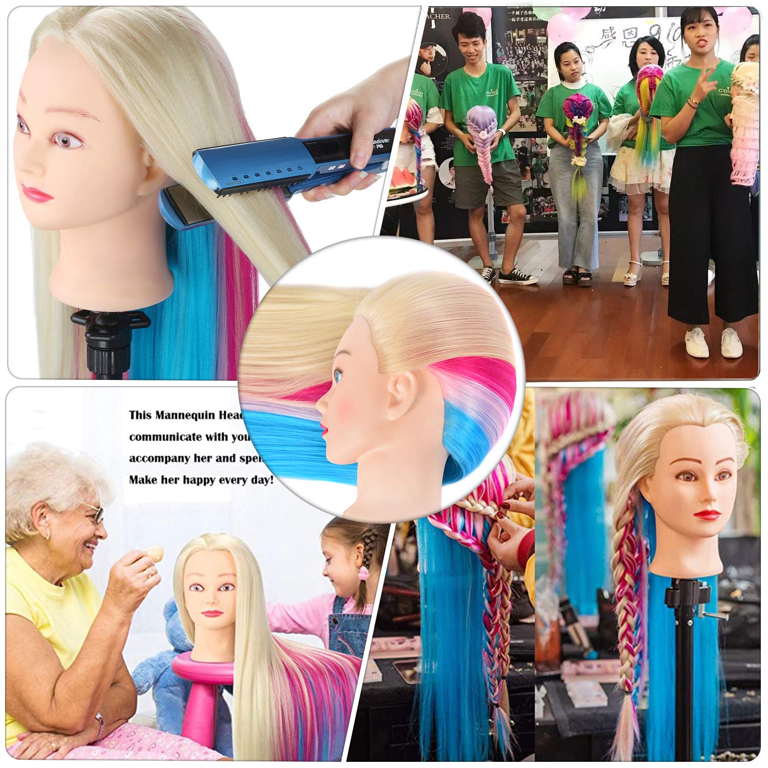 Morris mannequin head for curling and setting practice with synthetic fibers.