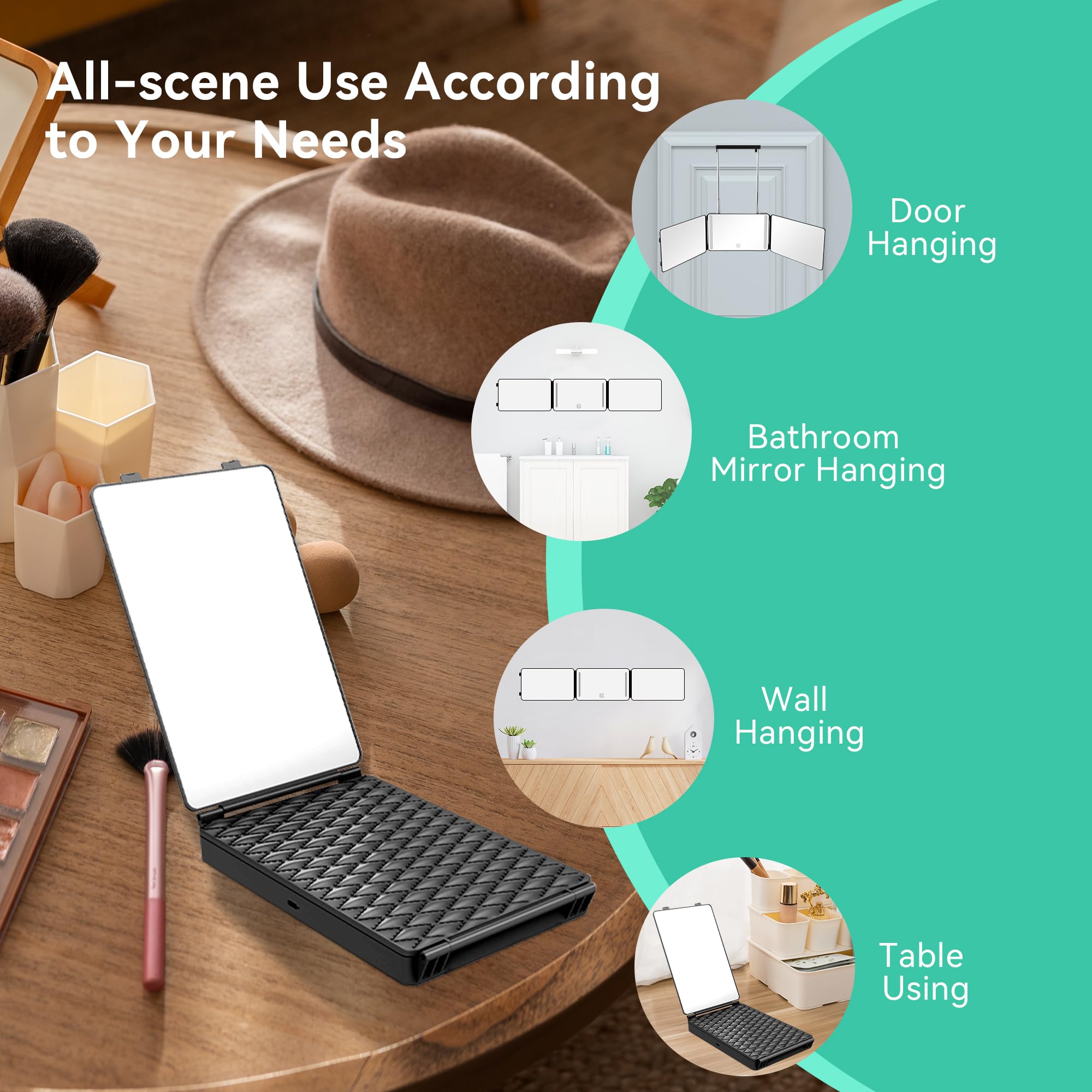 Moruedtu 3-Way Mirror wall mount enables hands-free cutting and makeup application.